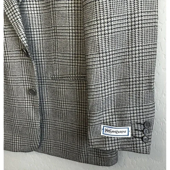 Vintage Yves Saint Laurent YSL Mens 40R Blazer Black Gray Sport Coat 2 Button - Picture 8 of 11